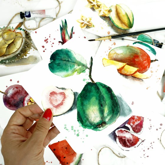 Exotic Fruits - Original Watercolor Painting Collection of 9 Mini Artworks