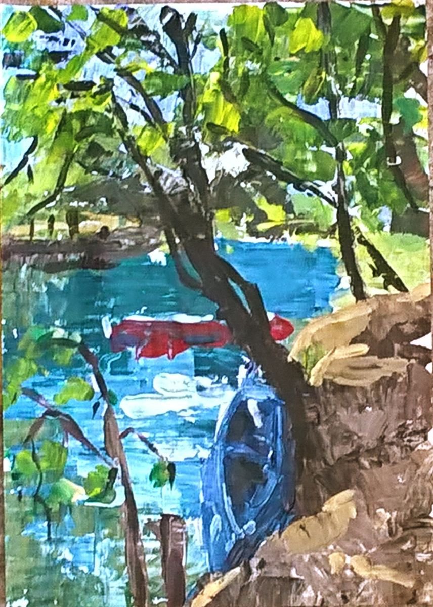 Impressionistic Landscape Acrylic Painting By Kateryna Bortsova, 8 X 12", Boats On The River, Original Artwork