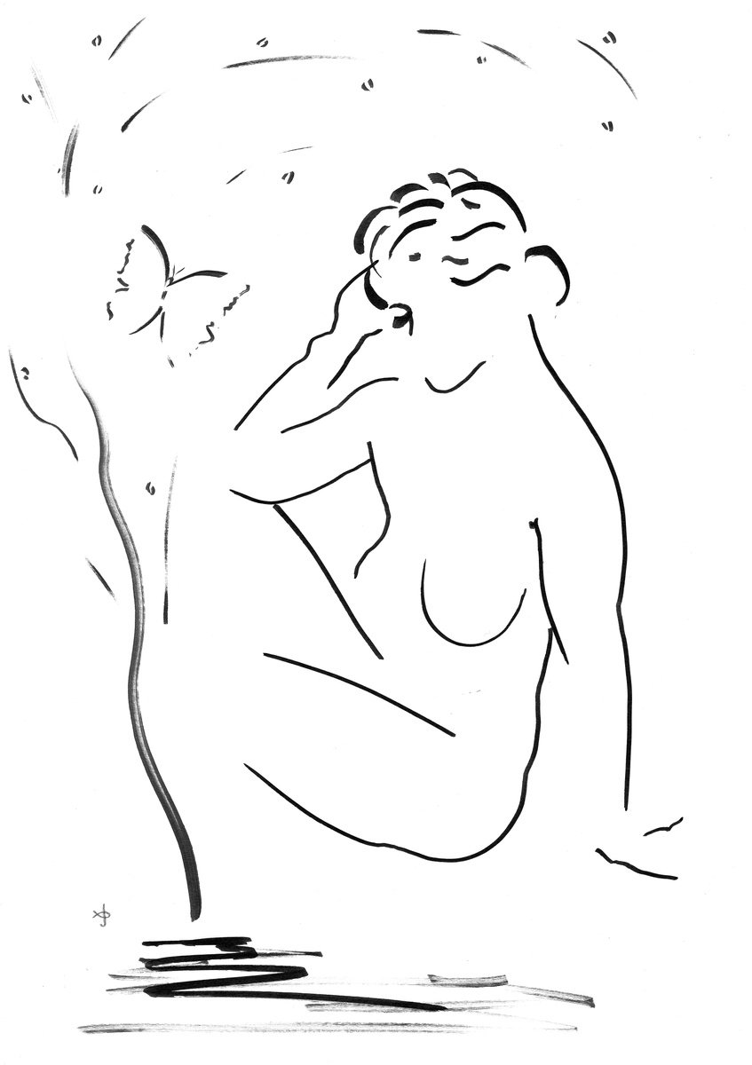 Expressive Animal Ink Drawing By David Jones, 12 X 17, Together #2403A, Original Artwork