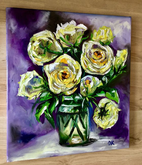 BOUQUET OF YELLOW  ROSES  palette knife modern purple   still life  flowers Dutch style office home decor gift