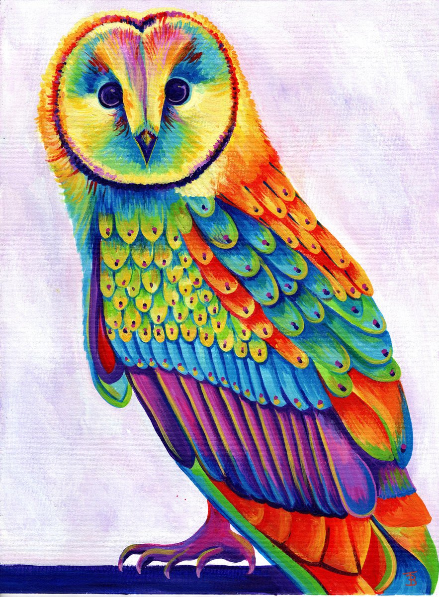 Urban And Pop Animal Acrylic Painting By Tiffany Budd, 16 X 20", Olive The Rainbow Owl, Original Artwork