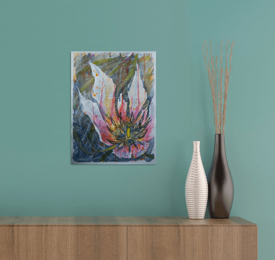 Fading pink tulip-floral watercolor painting for the interior of the office and home.