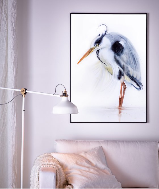 Grey heron -  19 x 25 in (50 x 65 cm) - Grey Heron Original Watercolor