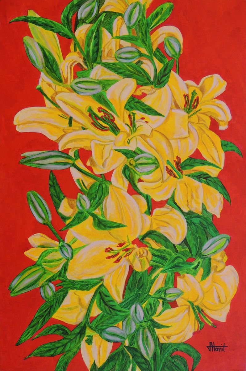 Expressive Botanical Acrylic Painting By Ajay Harit, 24 X 36, Yellow Flowers, Original Artwork