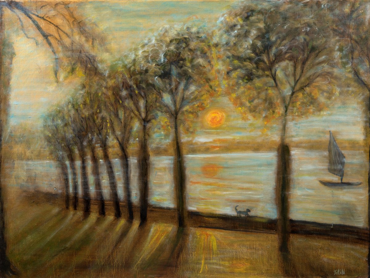 Impressionistic Landscape Oil Painting By Tanya Bilous, 31 X 24", Sunset, Original Artwork