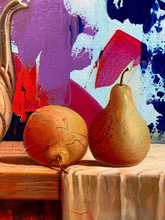 Still life with jug and pears