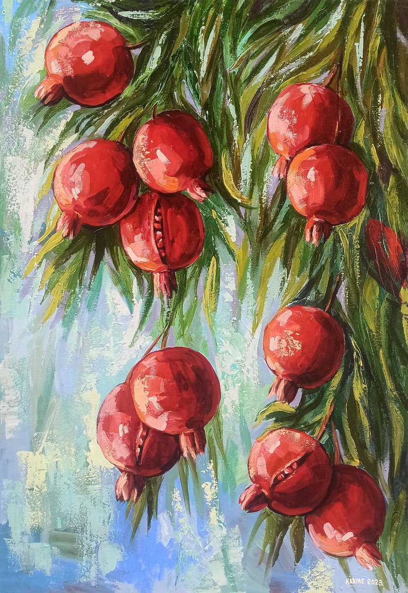 Impressionistic Still Life Oil Painting By Karine Harutyunyan, 20 X 28", Pomegranate Tree, Original Artwork