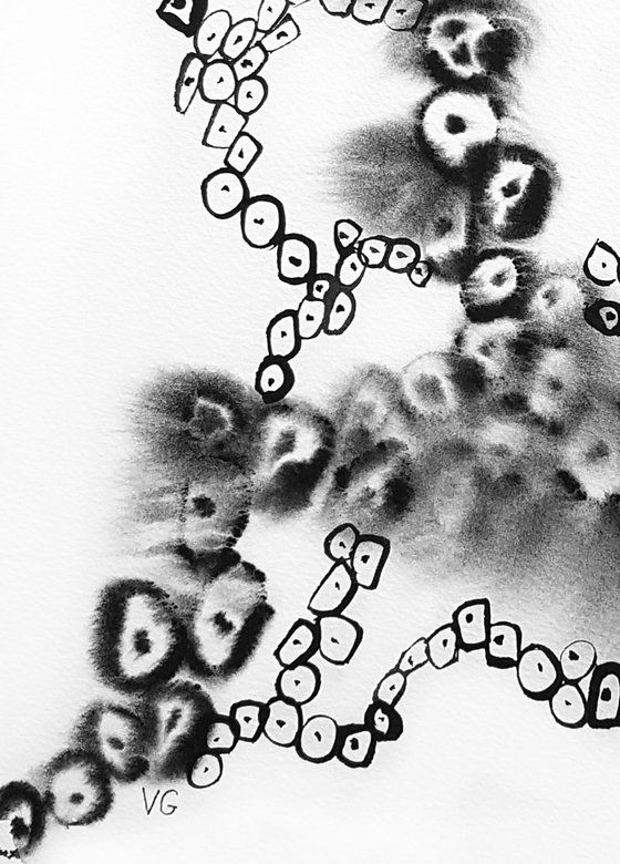 "Cellular formations" Abstract Watercolor Painting. Black and White Art. Monochrome Artwork.