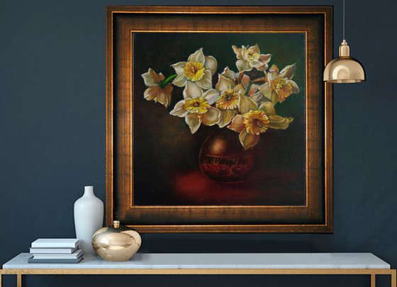 Bouquet of daffodils on a dark background, 40x40 cm, ready to hang.