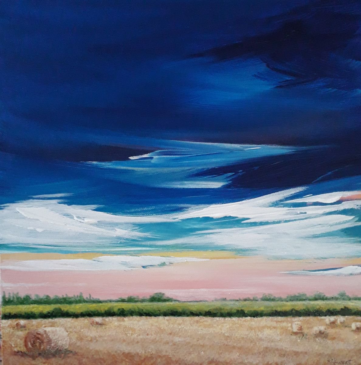 Original acrylic landscape and sky scape painting; Sunset over Hay bales by Sue Knight