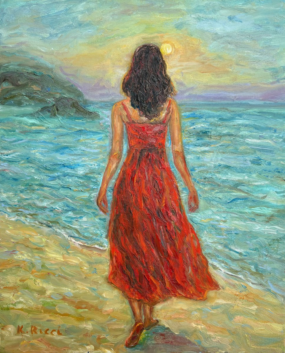 Impressionistic Portrait Oil Painting By Katia Ricci, 10 X 12", Walking On The Waves, Original Artwork