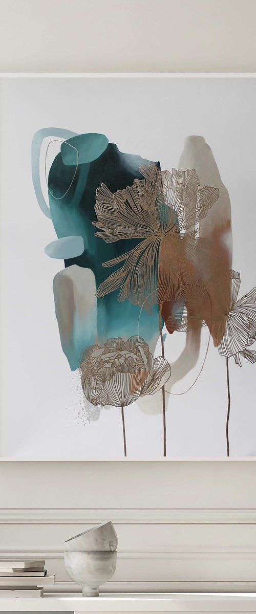 "Thincord 2" Abstract flower teal gold art by Marine Boiko