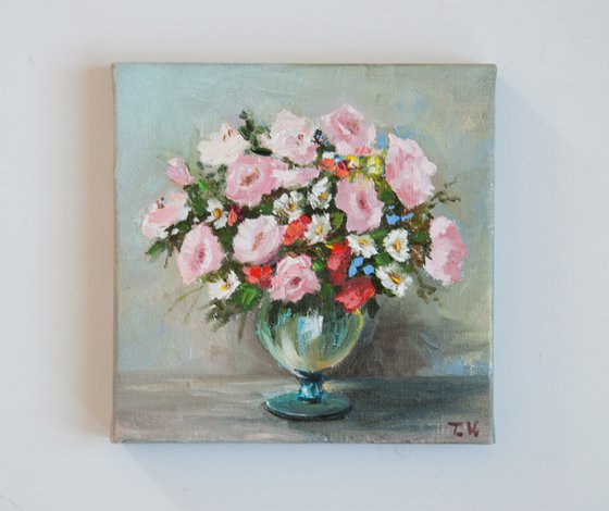 Small bouquet of roses. Original painting. Flower Art. On canvas 6 x 6 in.