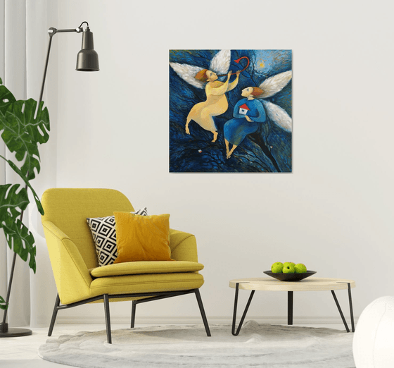 ANGELS OF PEACE – large figurative artwork (COMMISSION), blue wall art.