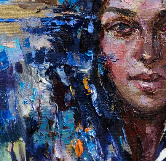 Woman in Blue head scarf - Original oil painting