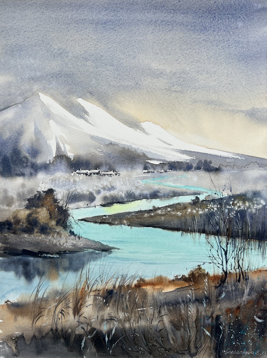 Impressionistic Landscape Watercolour By Eugenia Gorbacheva, 12 X 16, Mountain River #38, Original Artwork