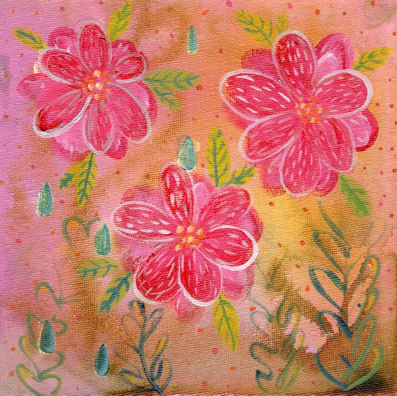 Abstract Garden 8 - Contemporary Abstract Painting with Mexican Embroidery Flowers
