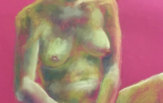 Fuchsia Nude Girl, 50*65, a soft pastel impressionistic drawing on a pink paper