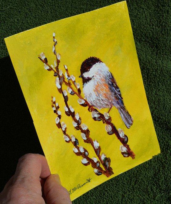 Yellow Chickadee - framed 7X5 inch original acrylic painting by K. McDermott (SOLD)