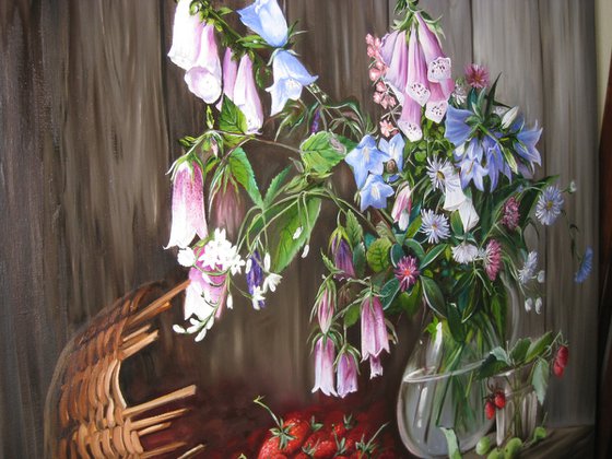 Strawberries and Bluebells, Rustic Still Life