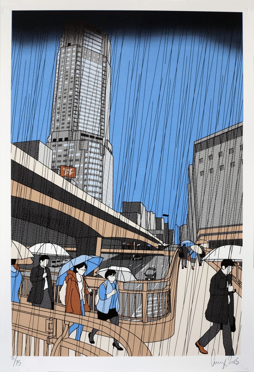 Shibuya in the rain screen print by Gerry Buxton