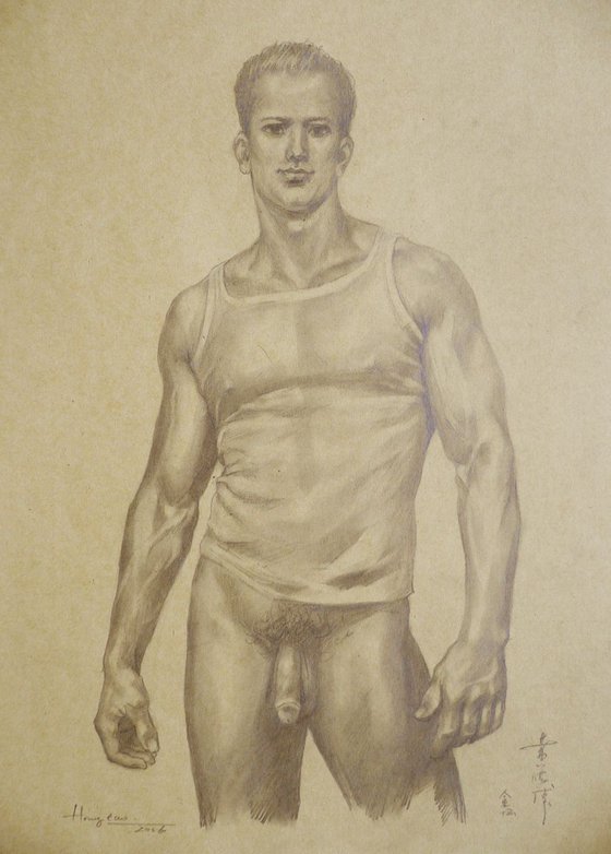DRAWING PENCIL MALE NUDE MAN ON BROWN PAPER#16-6-8