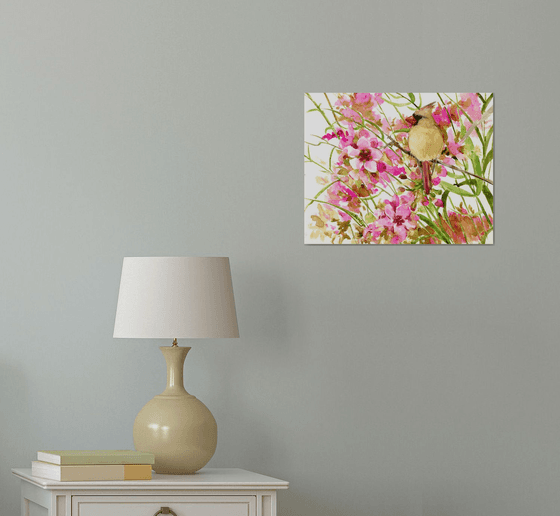 Female Cardinal and Flowers