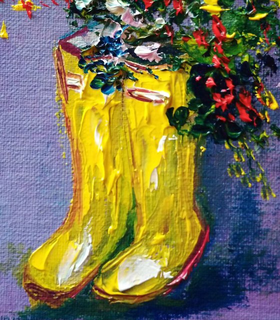 Yellow Rubber Boots With Flowers miniature painting