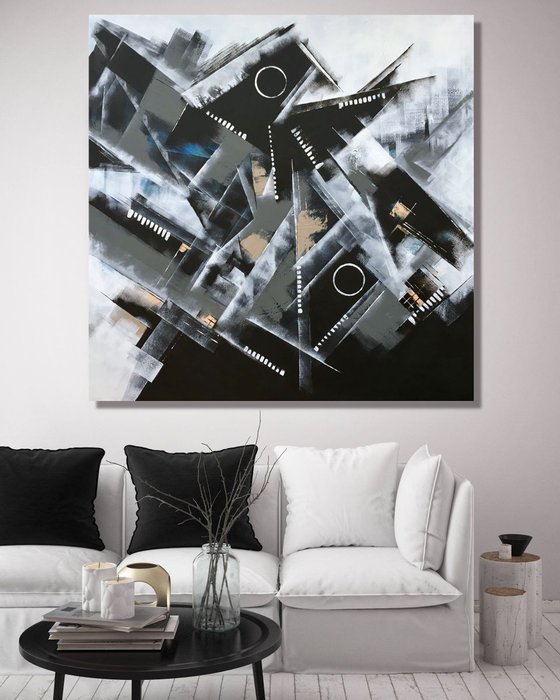 The Long Day is Over - XL Large abstract art – Black & White Art - Expressions of energy and light.