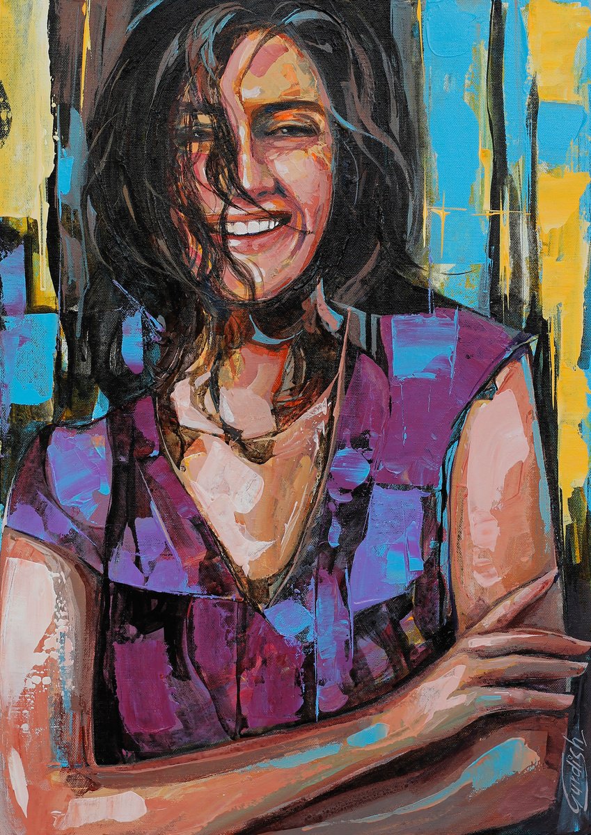 Abstract Still Life Acrylic Painting By Artist Gurdish Pannu, 18 X 26, Woman Painting-The Smile, Original Artwork