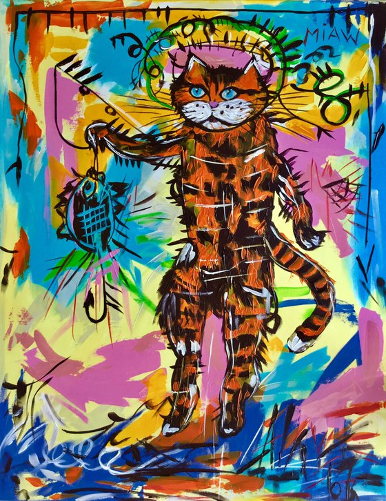 Fishing cat, a version of famous painting by Jean-Michel Basquiat