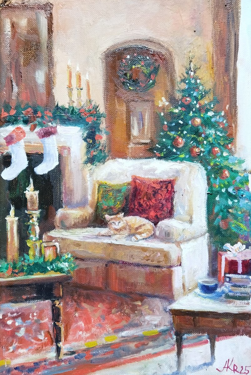 Impressionistic Abstract Oil Painting By Ann Krasikova, 8 X 12, Christmas 3, Original Artwork