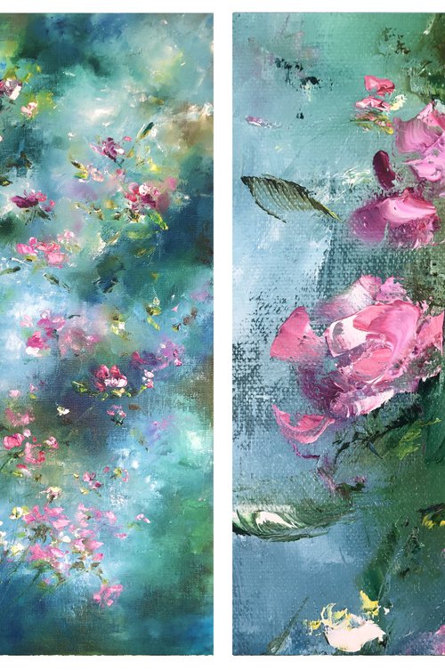 ATTRACTION - Set of 2 roses. Little ones. Shabby chic diptych. Rain. Emerald. Shine. Haze. by Marina Skromova
