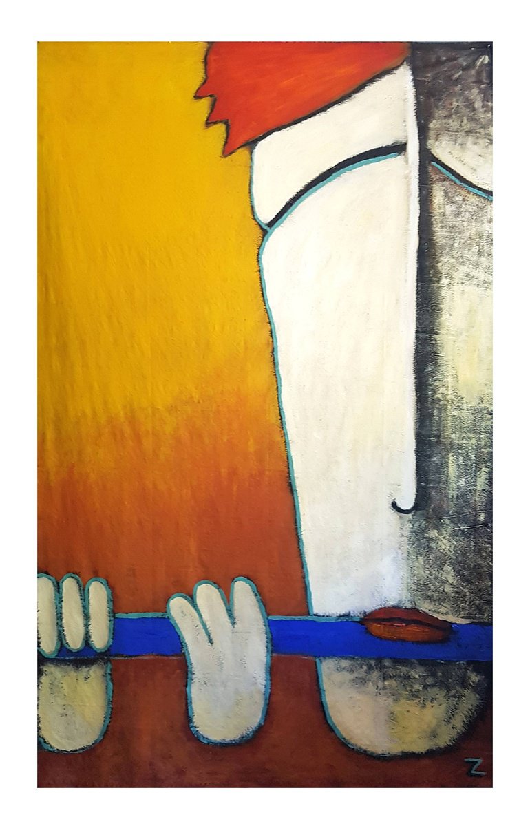 Naive Portrait Acrylic Painting By Zhana Viel, 38 X 61", Fluit Misiek Ix, Original Artwork