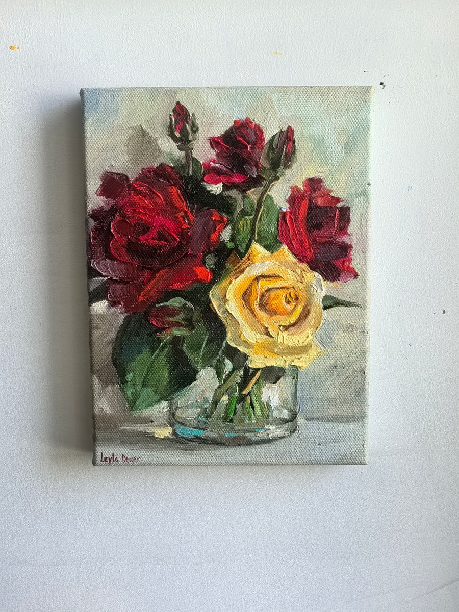 Impressionistic Botanical Oil Painting By Leyla Demir, 7 X 9", Red Roses, Original Artwork