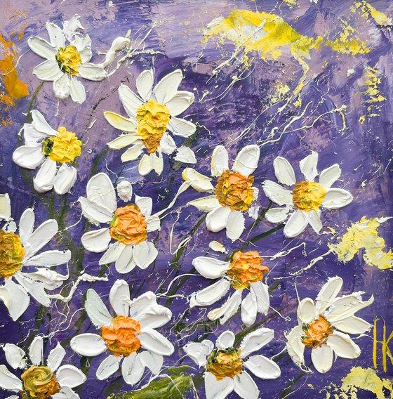 Daisy Painting Impasto Original Art Chamomile Flowers Oil Artwork Floral Wall Art 6 by 6  in