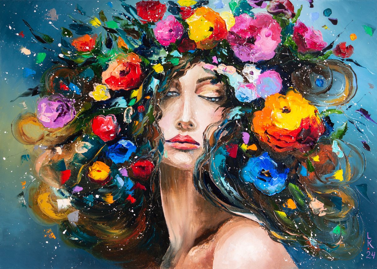 Impressionistic Portrait Oil Painting By Liubov Kuptsova, 28 X 20", Floral Temptation, Original Artwork