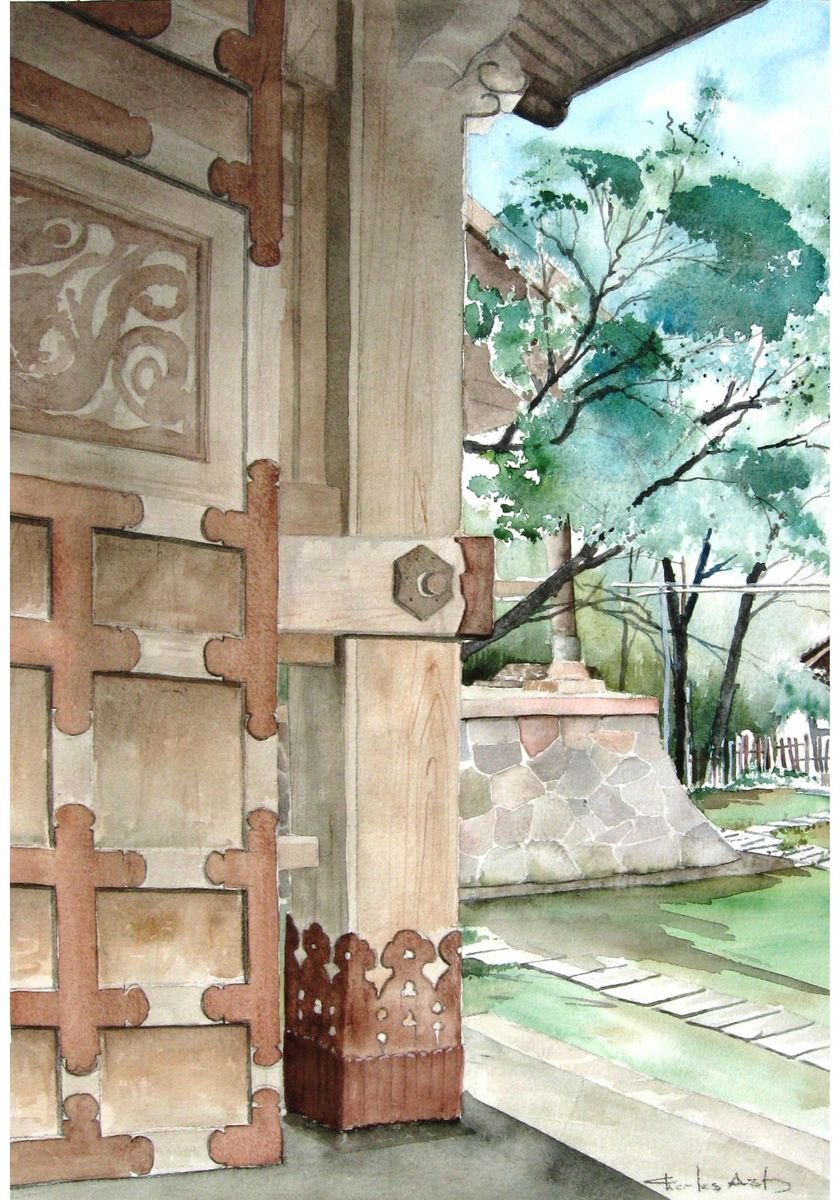 Shinto Shrine Detail - Original Watercolor Painting by CHARLES ASH