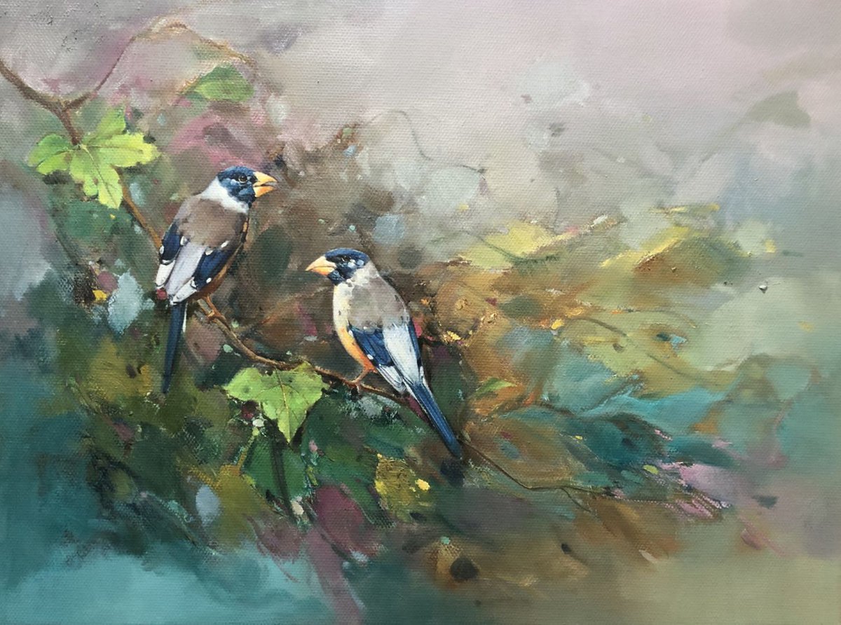 Impressionistic Animal Oil Painting By Kunlong Wang, 31 X 24", Little Birds And Flowers, Original Artwork