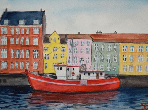 Ship in the harbour original watercolor painting, Denmark Copenhagen Nyhavn, old city architecture by Kate Grishakova