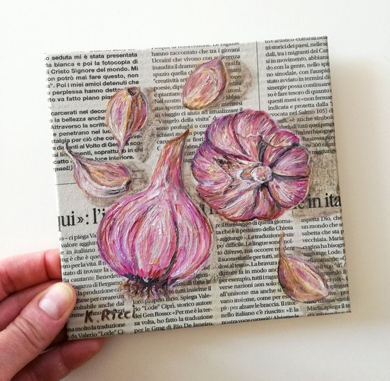 "Garlic Cloves on Newspaper" Original Oil on Canvas Board Painting 6 by 6 inches (15x15 cm)