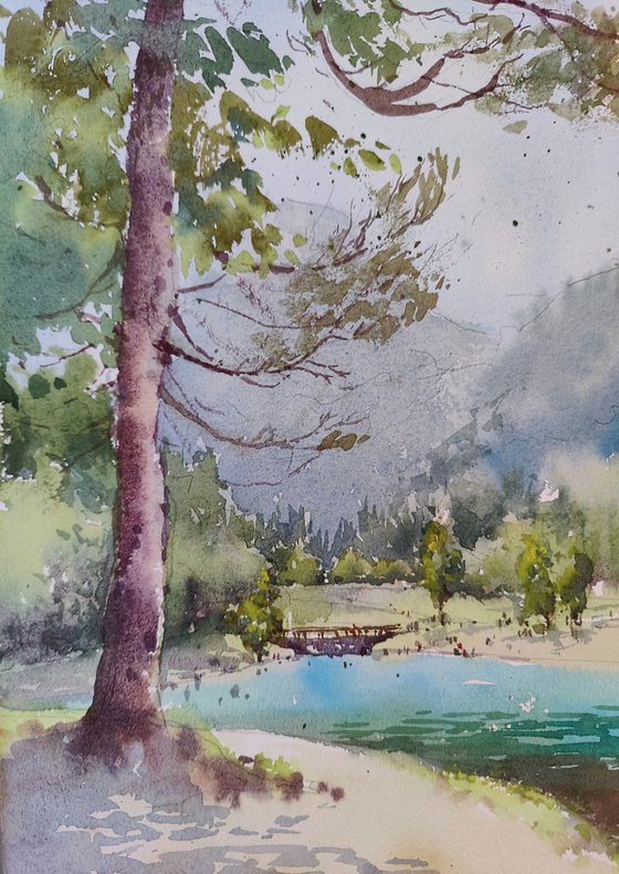 Lake Jasna, Slovenia Original watercolor painting (2023), Mountains lake art