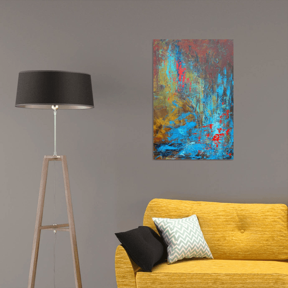Large Blue Brown Red Abstract Landscape Painting. Modern Textured Art. Abstract. 61x91cm.