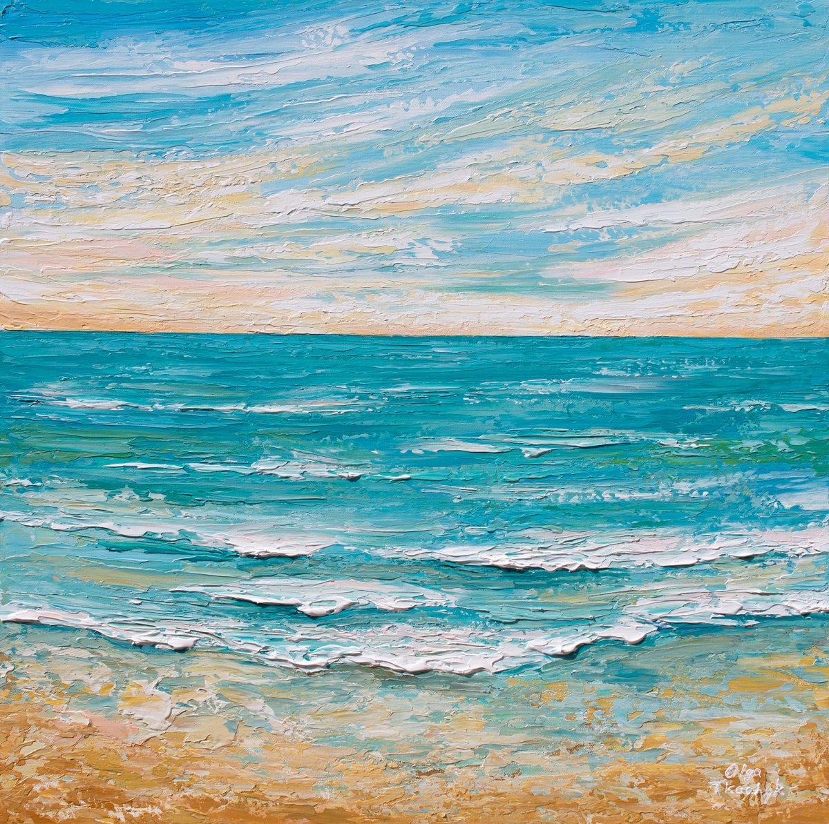 Serene Sunrise - Impressionist seascape painting, ocean sunrise palette knife art by Olga Tkachyk