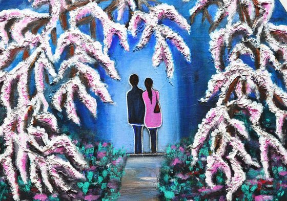Romance under the Cherry Blossom colorful hexagonal romantic painting