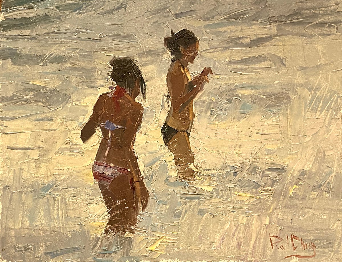 Impressionistic Landscape Oil Painting By Paul Cheng, 12 X 9", Beach Girls At Sunset, Original Artwork