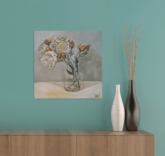 Garden Roses In A Glass Vase