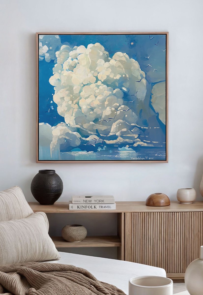 Landscape Oil Painting By Natalia Yampolskaia, 24 X 24", Clouds 1, Original Artwork