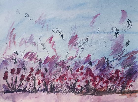 Fleurs rouges dans le vent - Watercolour