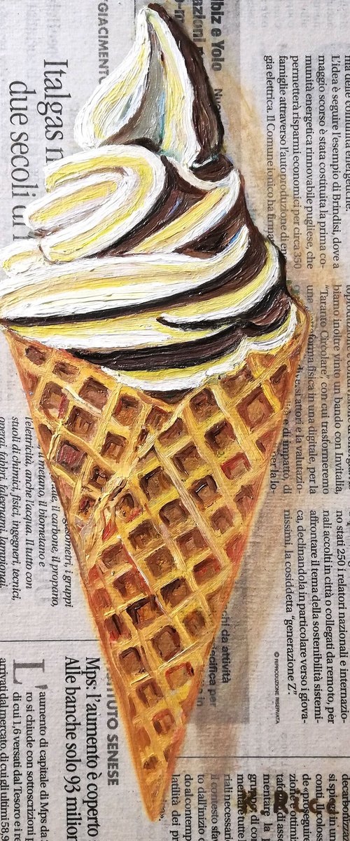 "Ice Cream on Newspaper " Original Oil on Canvas Board Painting 7 by 10 inches (18x24 cm) by Katia Ricci